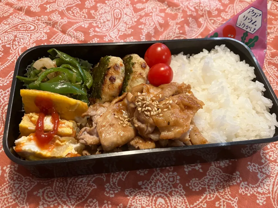 2024.11.6 息子弁当　◎豚肉味噌だれ焼　◎鶏しそつくね　◎スパニッシュオムレツ　◎ピーマンちくわ炒め　◎水族館ふりかけ🐠|goroさん