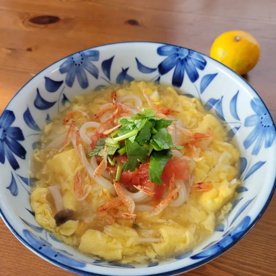 Snapdishの料理写真:一昨日のエスニックスープでかき玉うどん|あんさん