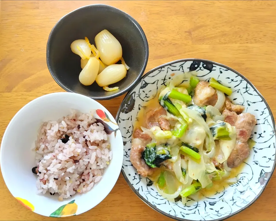 2024 0707　豚肉と小松菜のピリ辛チーズ炒め　らっきょう|いもこ。さん