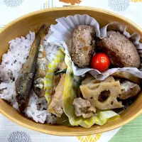 Snapdishの料理写真:ハンバーグ、蓮根と鶏肉の旨煮、カワハギ煮付の五穀米🍱|なお🅿️さん