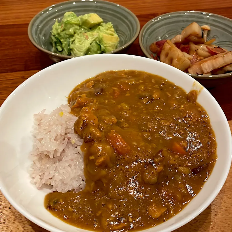 カレー　アボカドサラダ　レンコン炒め|とゆあさん