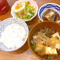 Snapdishの料理写真:米澤牛で肉どうふ。サラダ。秋刀魚の甘露煮の夜ご飯|りえはるさん