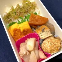 Snapdishの料理写真:大根の葉としらすのめんつゆ炒め、たまご焼き、大根と豚の白だし炒め、練り物とこんにゃくの煮物、胡麻団子| きらきらさん