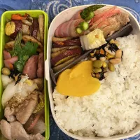 Snapdishの料理写真:生姜焼き、れんこんとさつまいもの甘辛炒め、アスパラベーコン、白菜うめ和え|ちあぽんさん