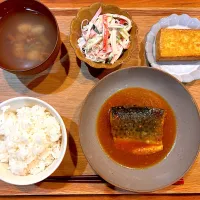 Snapdishの料理写真:今日の夜ご飯(サバの味噌煮、春雨サラダ、厚揚げ、アサリのお吸い物)|cocomikaさん