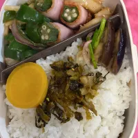 Snapdishの料理写真:青椒肉絲、オクラベーコン巻き、れんこん梅あえ、ナスと茗荷和え、高菜|ちあぽんさん