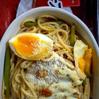 Snapdishの料理写真:チーズ🧀ハンバーグスパゲッティ🍝|すくらんぶるえっぐさん