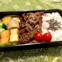 Snapdishの料理写真:2024.11.8 息子弁当　◎焼肉　◎小松菜と絹揚げのオイスター炒め　◎焼き芋|goroさん