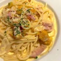 Snapdishの料理写真:かぼちゃとベーコンのクリームソース スパゲッティ|takashiさん