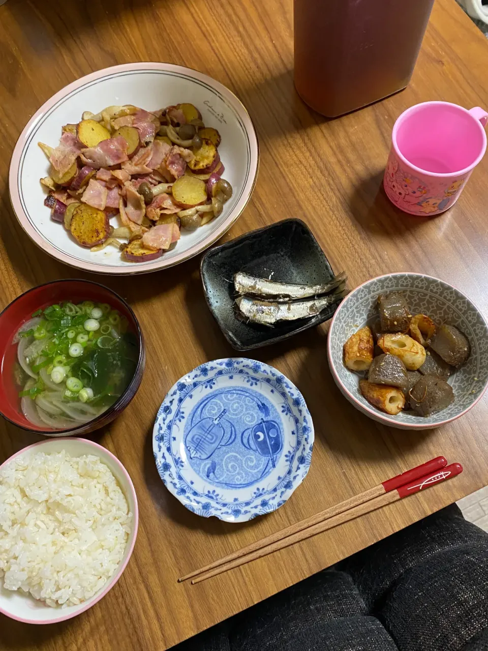 Snapdishの料理写真:夜　さつま芋とベーコン炒め､蒟蒻と竹輪きんぴら､鰯生姜煮|みちくんさん