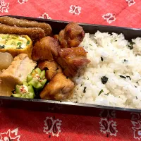 2024.11.9 息子弁当　◎鶏の照り焼き　　◎大根と絹揚げの煮物　◎秋刀魚のフライ　◎ねぎと鮭の卵焼き　◎わかめごはん|goroさん