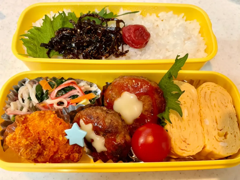 ハンバーグとフライドチキンの2段弁当|あめふくらさん