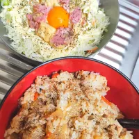 豚肉と大根の炊き込みご飯ブラックペッパー効かせてとカルボナーラ風マカロニサラダのせキャベツ千切りだあよ|時雨さん