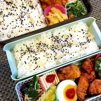 おっさん弁当🍱　板東英二　ムネ唐　　ハムチー　たくあん　胡麻味噌和え　🥦|ひげおやじさん