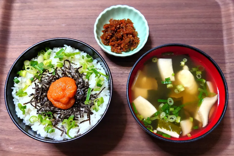 今日の朝ごはん（明太子ごはんにふぐとエリンギのスープ、弁慶のほろほろ漬）|Mars＠釜飯作り研究中さん