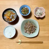 Snapdishの料理写真:豚肉の生姜焼き・豚汁　　　　　　　　　ピーナッツとブロッコリーの炒め物| ちゃみこさん