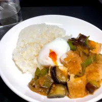 Snapdishの料理写真:19:25 麻婆厚揚ごはん半熟たまごのせ|へれ子さん