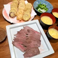 ローストビーフ　さつま芋天　中華風コーンスープ| m aさん