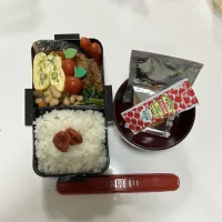 Snapdishの料理写真:パパ弁☆鮭☆赤ウインナー☆葱入り卵焼き☆ハンバーグ☆プチトマト☆野菜豆☆ほうれん草のお浸し☆みそ汁|Saharaさん