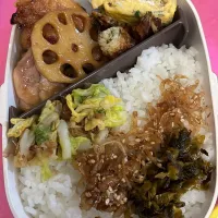 Snapdishの料理写真:鶏肉と蓮根の甘酢炒め、卵焼き、ちくわの磯辺焼き、白菜の梅あえ|ちあぽんさん