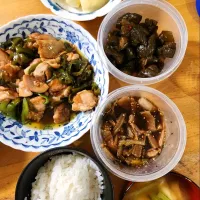 鶏ももとピーマンの香味炒め、エリンギと白菜の塩昆布炒め、きゅうりの漬物、小松菜と油揚げの味噌汁、りんご|さきさん