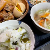 鶏のさっぱり煮、さつまいもご飯、春雨スープ、大根のマヨポンサラダ|caoさん