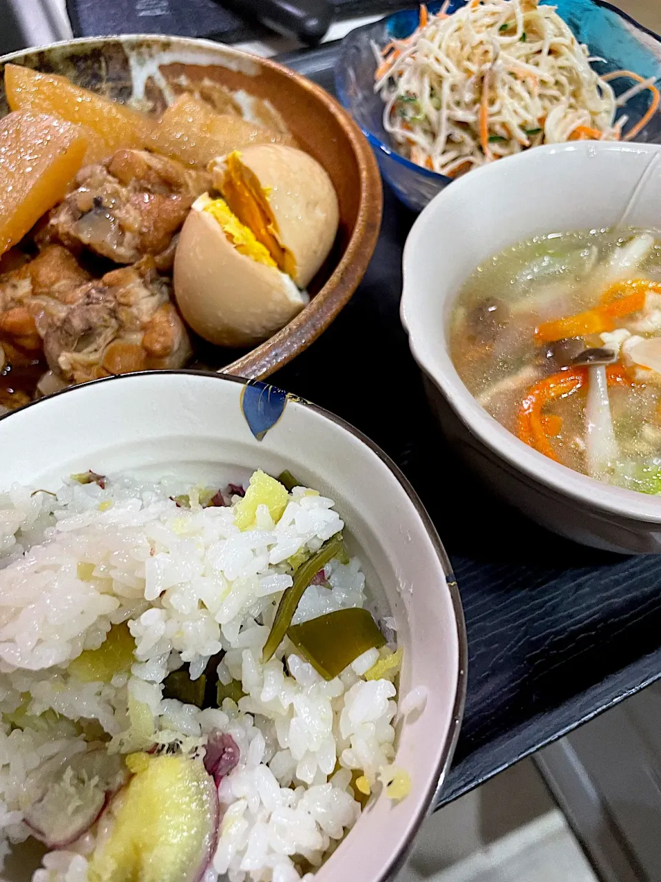 鶏のさっぱり煮、さつまいもご飯、春雨スープ、大根のマヨポンサラダ|caoさん