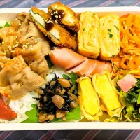 Snapdishの料理写真:本日の日替わり弁当🍱

①牛カルビ焼肉
②ささみ大葉チーズカツ
③いつもの厚焼きたまご（かにかま・青ネギ）
④茹でたウィンナー
⑤サツマイモの天ぷら
⑥ひじき煮（TOPVALU惣菜）
⑦人参しりしり〜
⑧小松菜の炒めもの
⑨ご飯のお供  山海ぶし