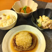 ☆おろしハンバーグ　☆ポテトサラダ　☆かぼちゃ煮　☆さつまいもご飯|chikakoさん