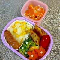 (11/15)園児のお弁当　　　　　　　　　　　　　　昨夜春巻きを多めに作ったからお弁当にも入れました。後は、ブロッコリーの胡麻和えとちくわチーズ、人参グラッセ、ソーセージ炒め、ミニトマト🍅|Kahoさん