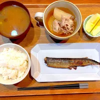 この前の夜ご飯(さんま、大根と豚肉の煮物、なめこの味噌汁、りんご)|cocomikaさん