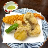 揚物：山崎真鯛梅紫蘇揚げ 海老変り揚げ 丸十 南瓜 しし唐 抹茶塩|T. Wonderさん