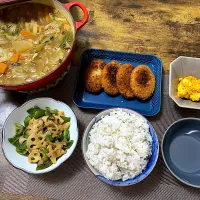 野菜スープ　レンコンとピーマンの味噌炒め　カボチャサラダ　麦ご飯|♡misaki♡さん