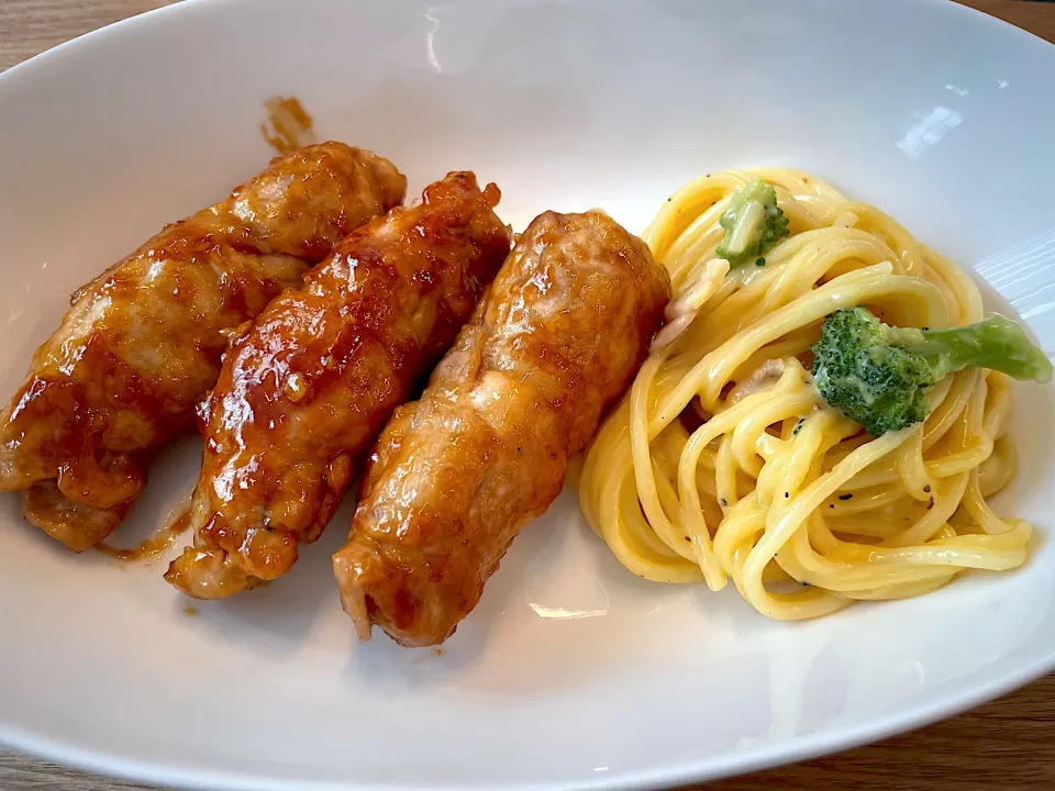 肉巻き甘辛照り焼きとカルボナーラのランチセット|パパ手料理さん