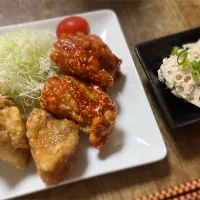 唐揚げ・ヤンニョムチキン・千切りキャベツ・蓮根サラダ・冬瓜とエノキの中華スープ・ご飯|ちびろ菌さん