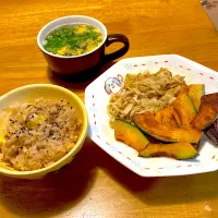 栗ご飯と、かぼちゃとえのきのマヨ炒めと、卵スープ|もえさん