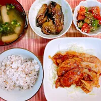 豚肉の味噌焼き♡トマトとオクラのおかかポン酢あえ♡なすの甘酢炒め♡お味噌汁♡|まゆかさん