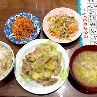 鶏肩肉とじゃがいものバジル炒め　白菜ときのこの味噌汁　春雨サラダ　人参とツナの胡麻和え|おさむん17さん