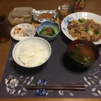 ご飯(青森米本部さんの青天の霹靂のみ)、回鍋肉、コロッケ、冷奴、釜揚げしらす、小松菜のお浸し、大根と塩昆布と削り節の和物、沢庵、しじみの味噌汁、麦茶(夕飯)|enarinさん