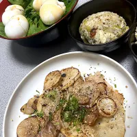 大根と豚肉の炒め物、ほうれん草のサラダ、炊き込みご飯| メシ岡さん