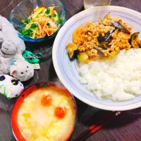 麻婆茄子春雨丼、トマトと卵のワンタンスープ、もやしの中華サラダ|サトリさん