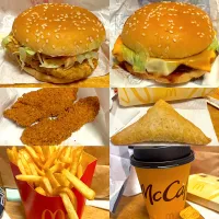 チーチーてりやきバーガー🍔　ダブチキン🍔　　チキチキン🍗　クッキー＆クリーム三角チョコパイ🍫　ポテト🍟　紅茶🫖|るみおんさん