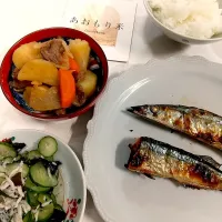 ☆今日の晩ごはん☆ ご飯(青天の霹靂)  焼き魚 肉じゃが 酢の物|hamamaさん