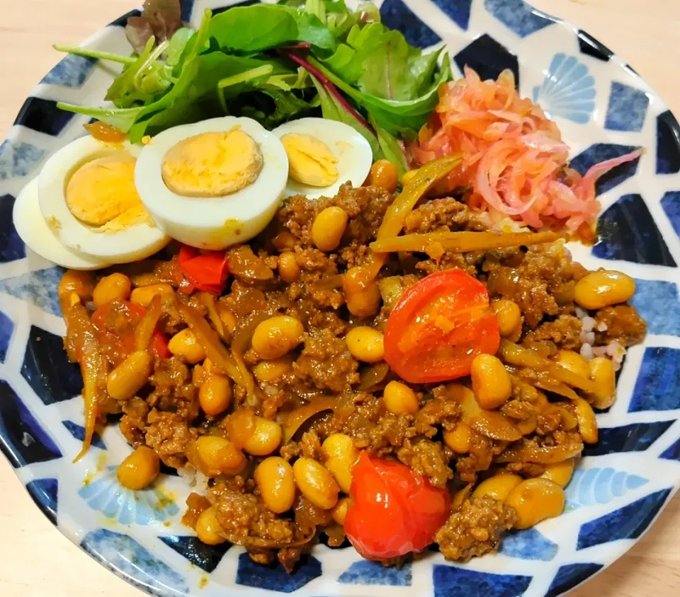 2024 1113　豆とごぼうのスパイスキーマ゙カレー　アチャール　サラダ　ゆで卵|いもこ。さん