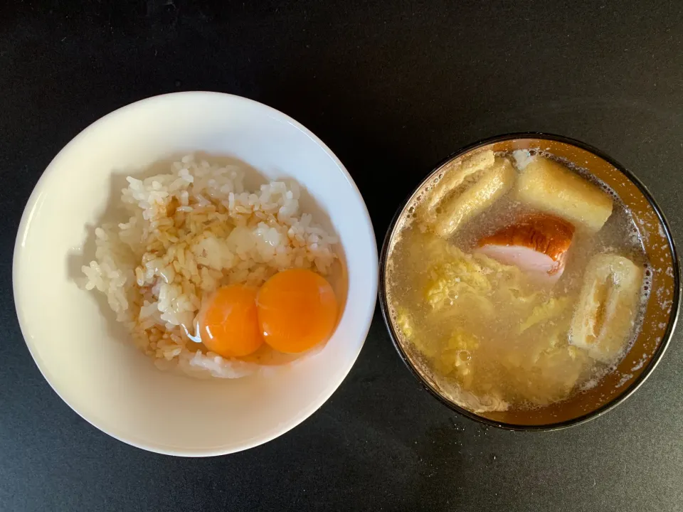 卵かけご飯、ハムと白菜のドレッシングスープ|そらまめさん