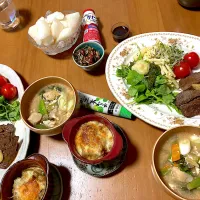 和牛焼肉、もりもりサラダ、ミニカレードリア、具沢山お味噌汁の残り、ナッツ入り田作り、梨、ガゼリ菌SP株ヨーグルトドリンク、野草酵素|さくたえさん