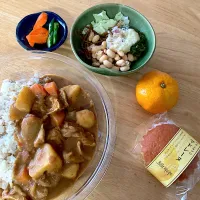 カレーライス♡お豆と海藻とポテトサラダ♡福神漬け買いわすれたのでお漬物♡みかん♡頂いたマドレーヌ|さくたえさん