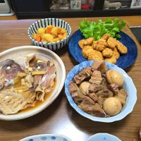 じゃがいもと人参の煮物・鯛のあら煮・豚の角煮・豆腐とチキンのナゲット・ご飯・味噌汁🌺|chiyukiさん