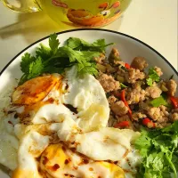 Simple thai basil pork eggs rice + japanese green tea 🤪😋|🌷lynnlicious🌷さん