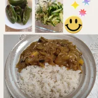 玉ねぎたくさん、なす、さつまいも、ドライデーツ入りカレー(牛肉牛脂甘辛味入り、SBカレー粉、ガムサマサラ、クミン、yummy！、生姜チューブ味付け)|m.rafuさん